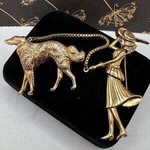 Coro Pegasus Woman Walking Borzoi Dog Brooch
